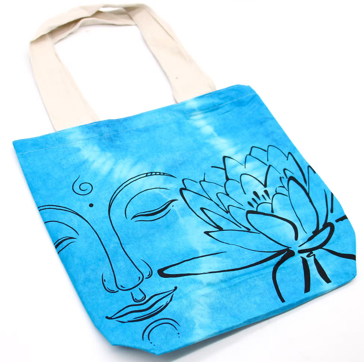 Blauwe draagtas met een zwart lijntekening van een gezicht en lotusbloem, beige handvatten