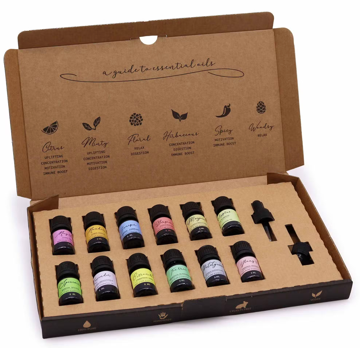 Open houten geschenkdoos met kleine flesjes etherische olie en pipetten, gerangschikt in een schuimrubberen inzetstuk.