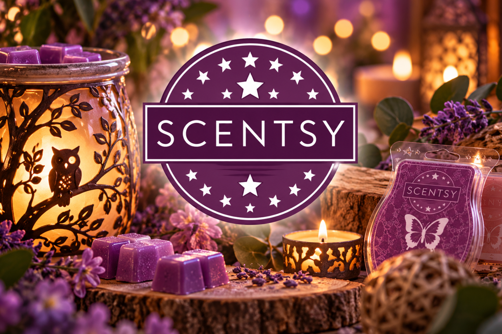 Paarse Scentsy-kaarsenstandaard met decoratieve geurblokjes en sfeervolle verlichting