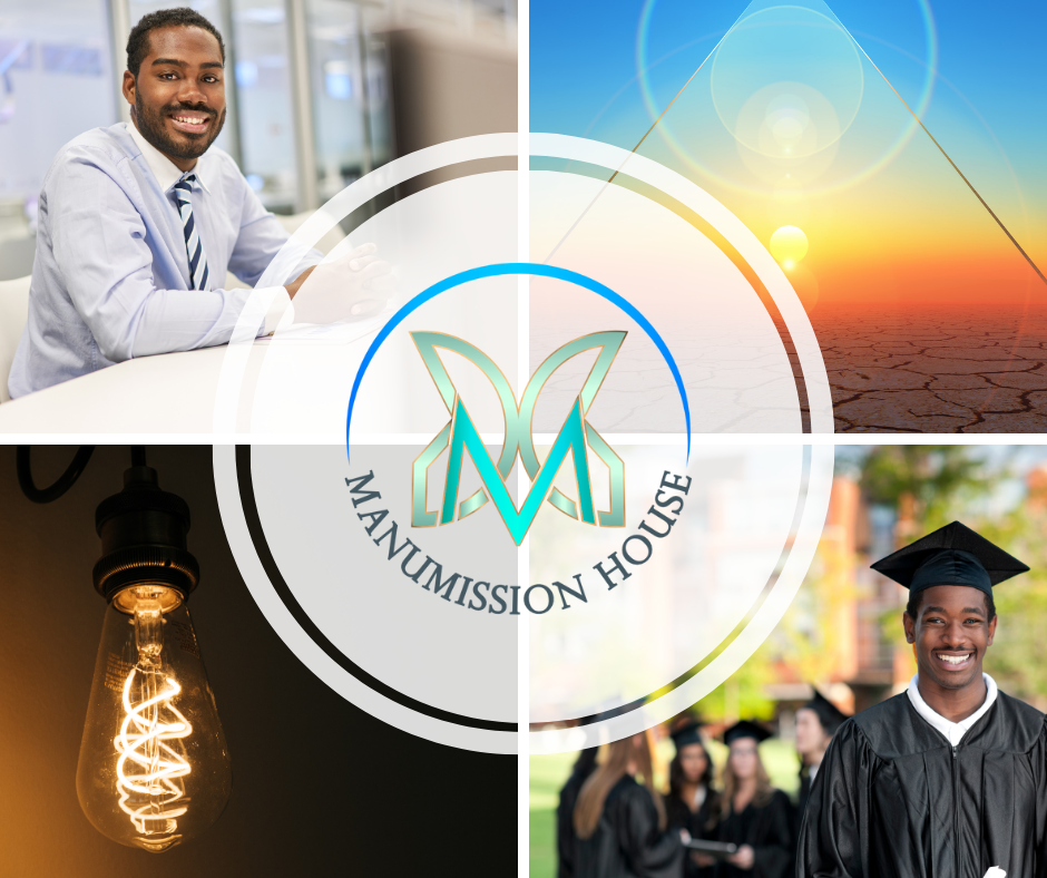 graphic design collage of black businessman, black male graduate, light bulb and pyramid pictures