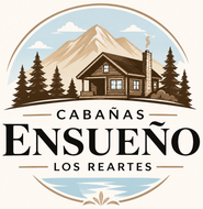 Logo circular de Cabañas Ensueño Los Reartes con cabaña, pinos y montaña en tonos beige y marrón