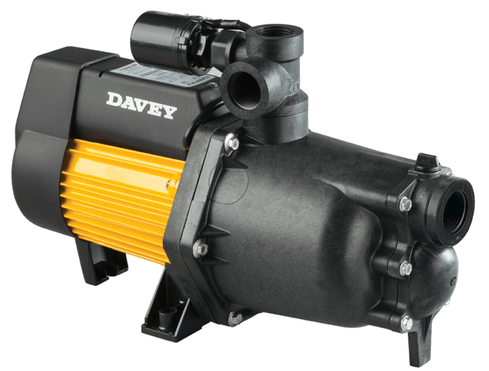 A Black and Yellow Davey Water Pump on a White Background — Stockers & Partridge In Paterson, NSW