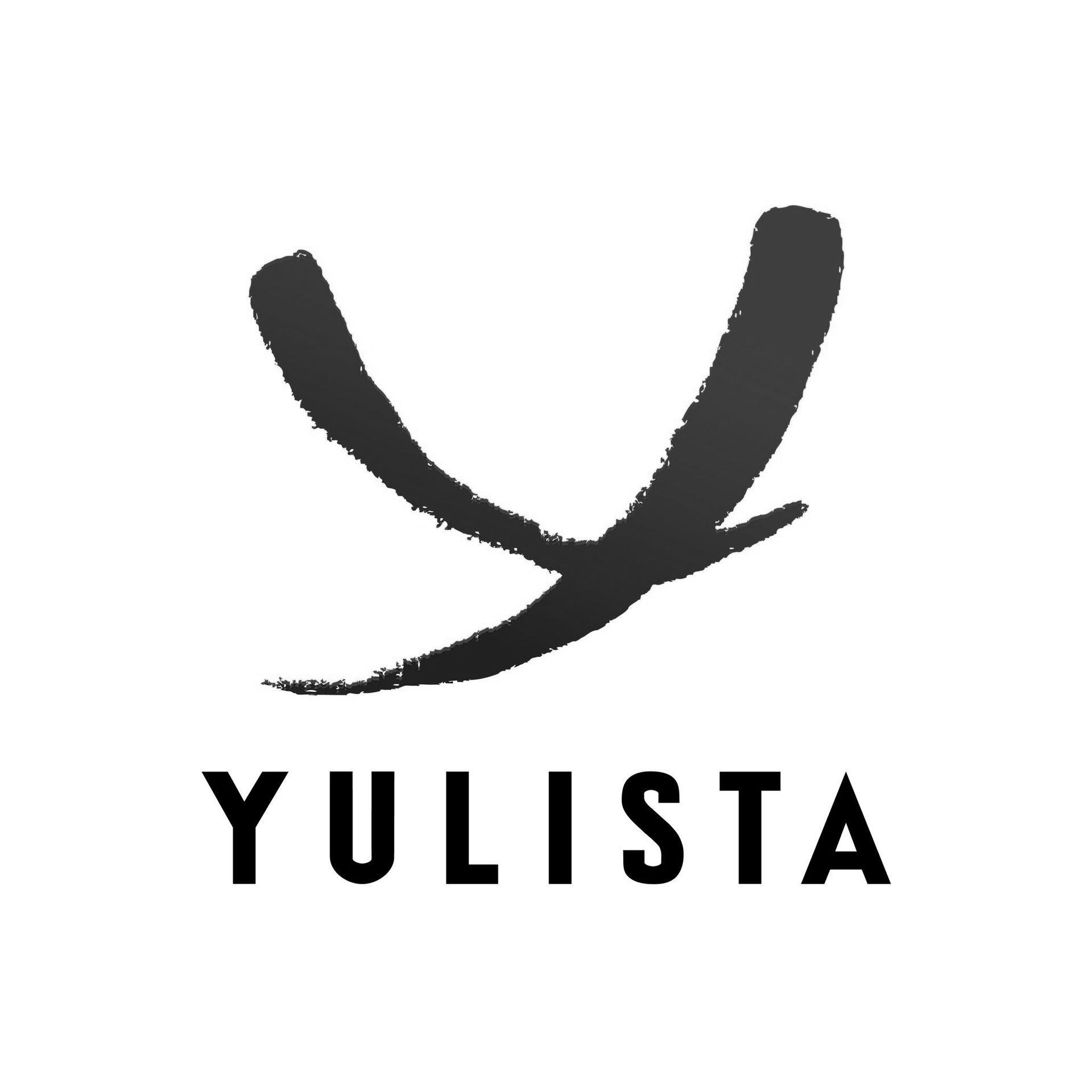 A black and white logo for yulista with a bird on it