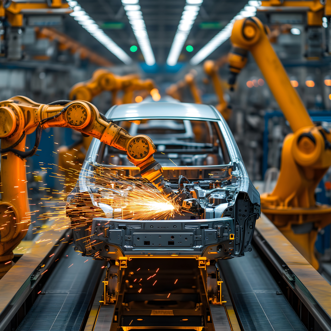 A car is being built in a factory by robots.