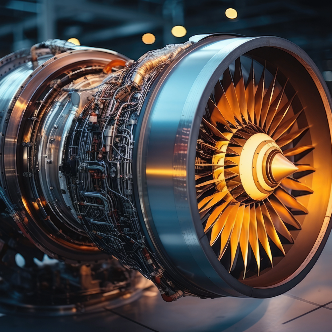 A close up of a jet engine with a cone in the middle