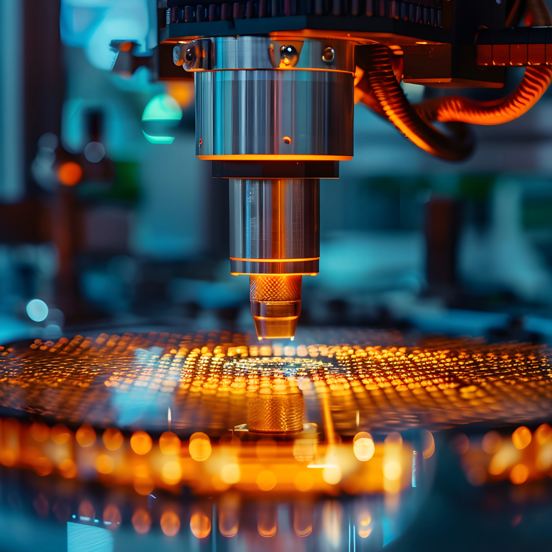A machine is cutting a chip on a motherboard in a factory.