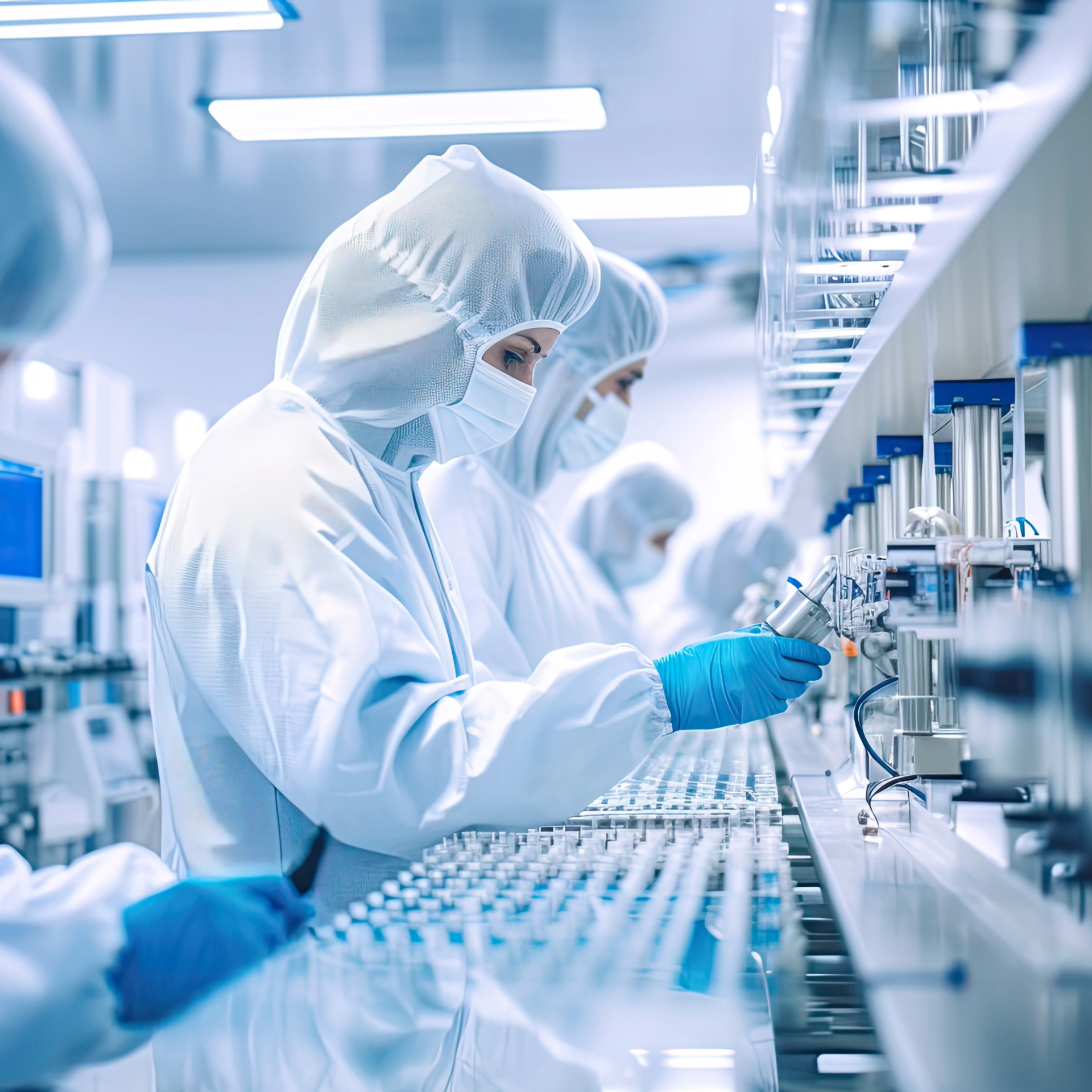 A group of people wearing protective suits and masks are working in a laboratory.