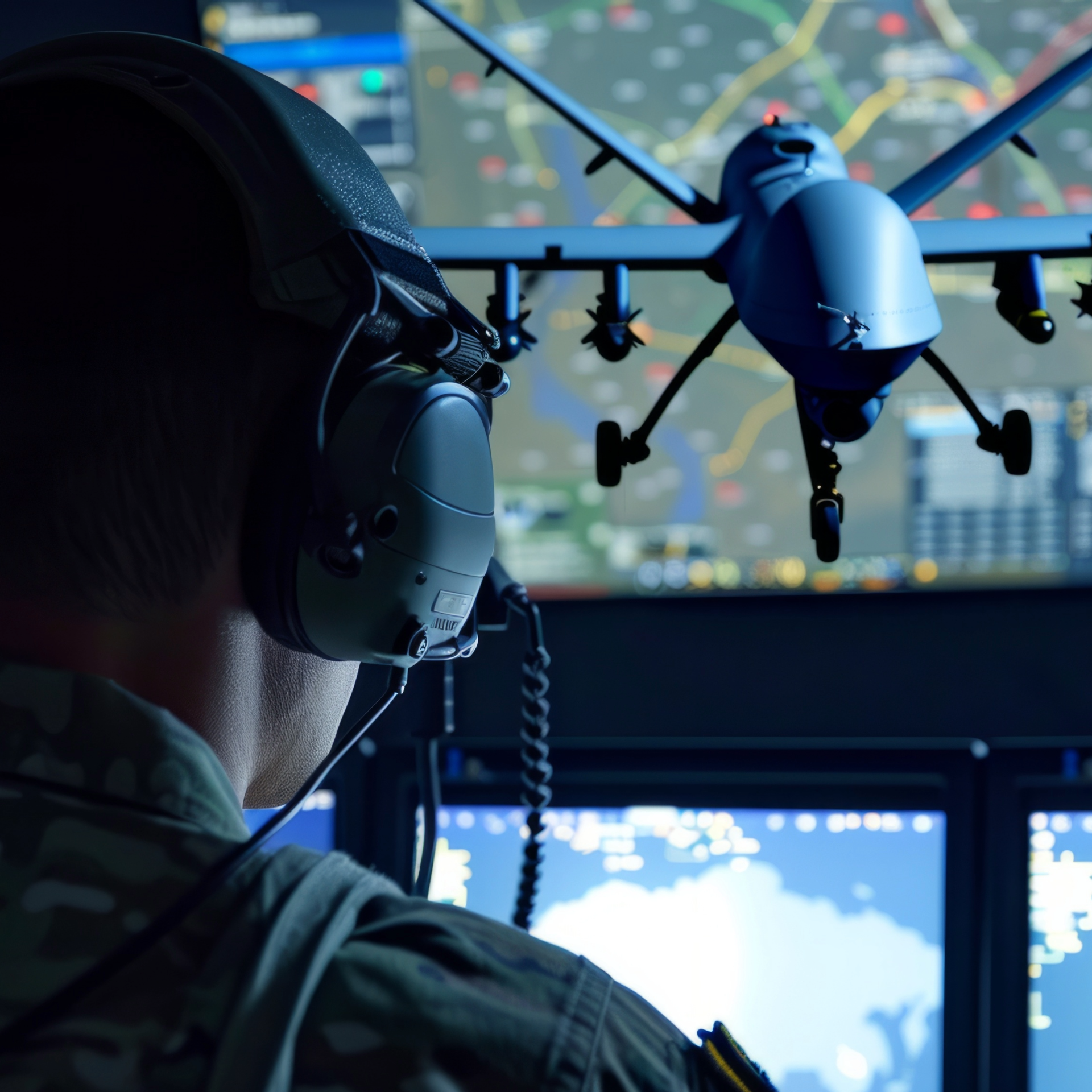 A man wearing headphones looks at a drone on a screen