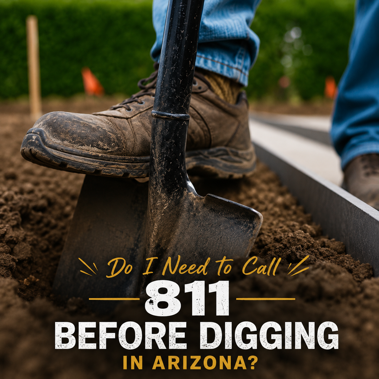 Boot on shovel in dirt, with text: “Do I need to call 811 before digging in Arizona?”