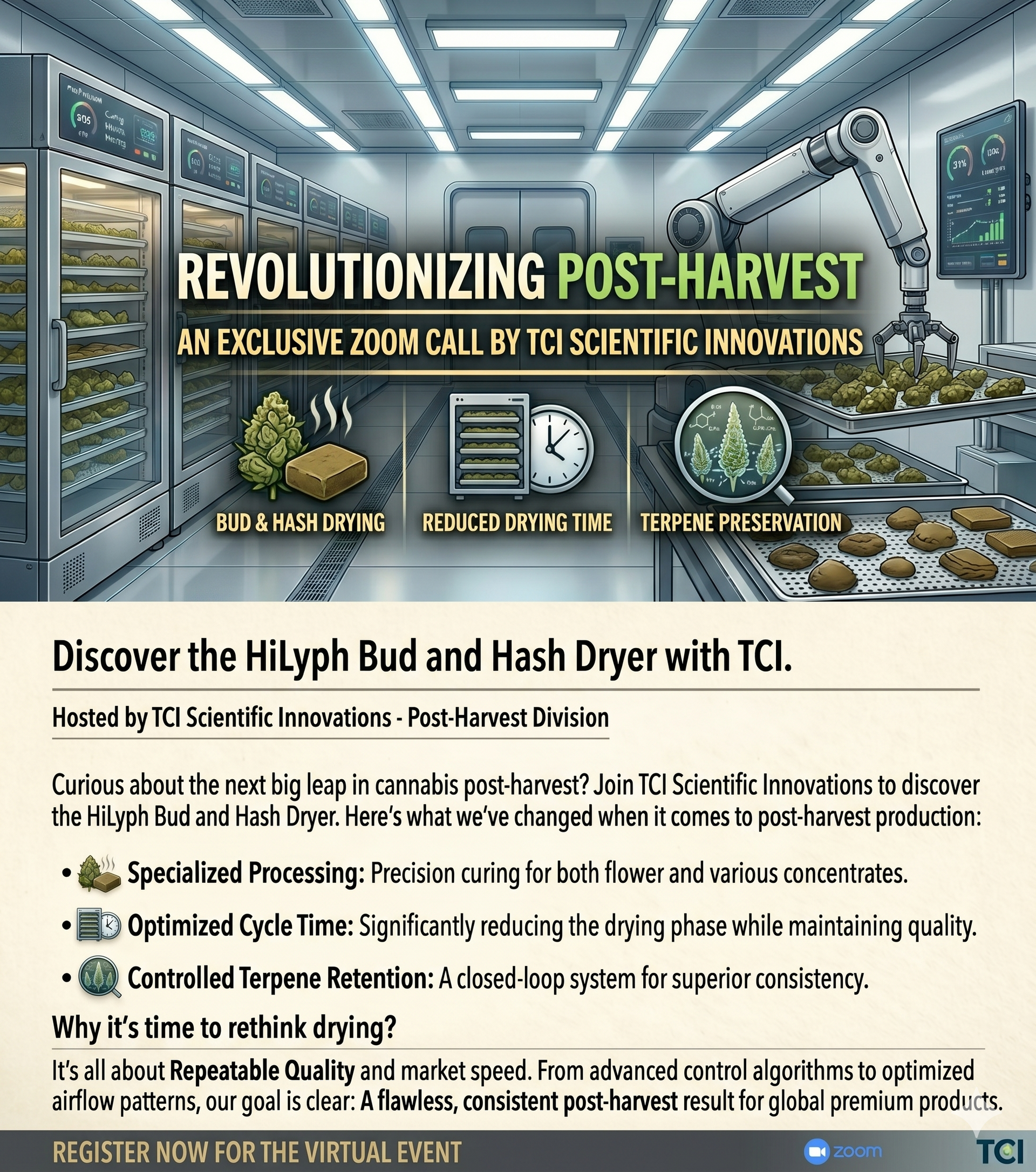 Industrial lab poster for TCI’s hillmyth bud and hash dryer, with bold headline and product photos