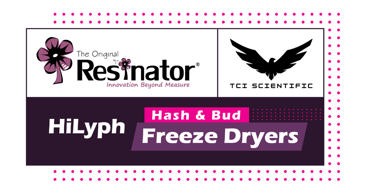 Marketing banner for HiLyph Hash & Bud Freeze Dryers, featuring The Original Resinator and TCI Scientific logos.