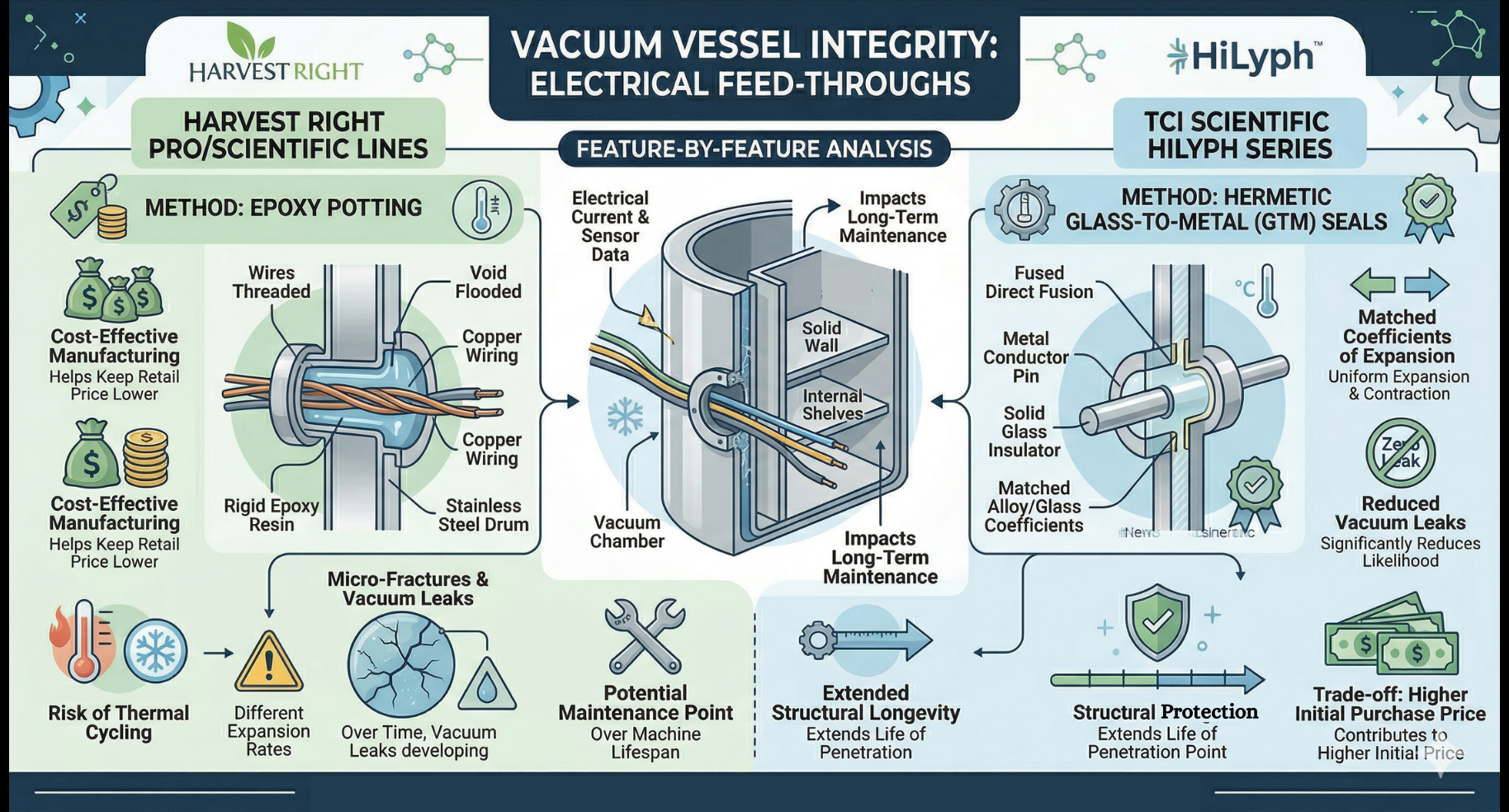 Comparing Harvest Right and HiLyph vacuum vessel electrical feed-through methods: epoxy potting vs. glass-to-metal.