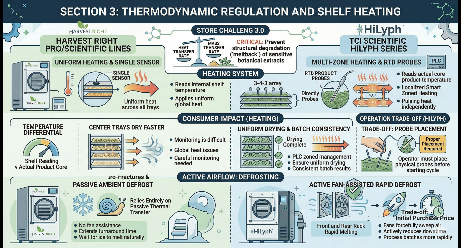 Comparison infographic of Harvest Right and HiLyph freeze dryer thermodynamic regulation, shelf heating, and cycle time.