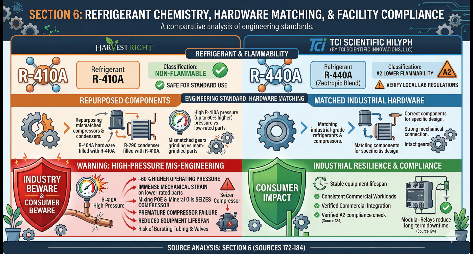 Infographic comparing R-410A (non-flammable) and R-454B (flammable) refrigerants, hardware, and safety compliance.