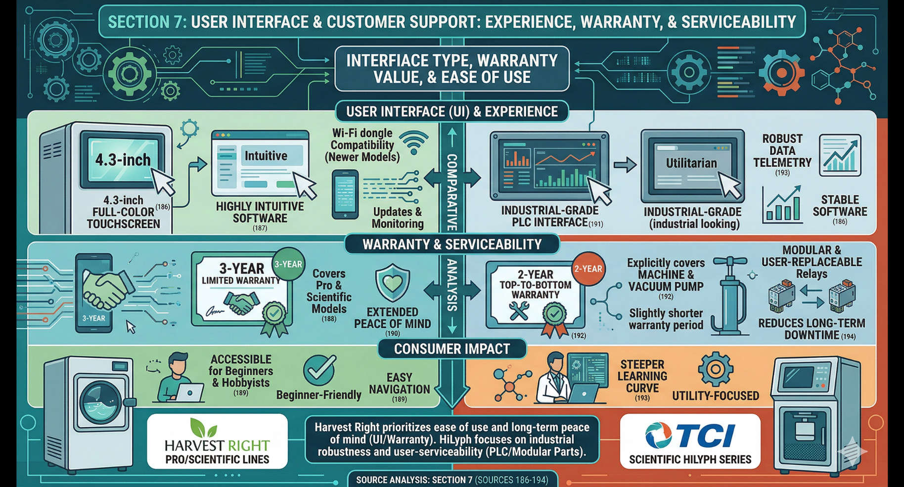 Comparison infographic detailing user interface, warranty, and serviceability features between two industrial machine brands.