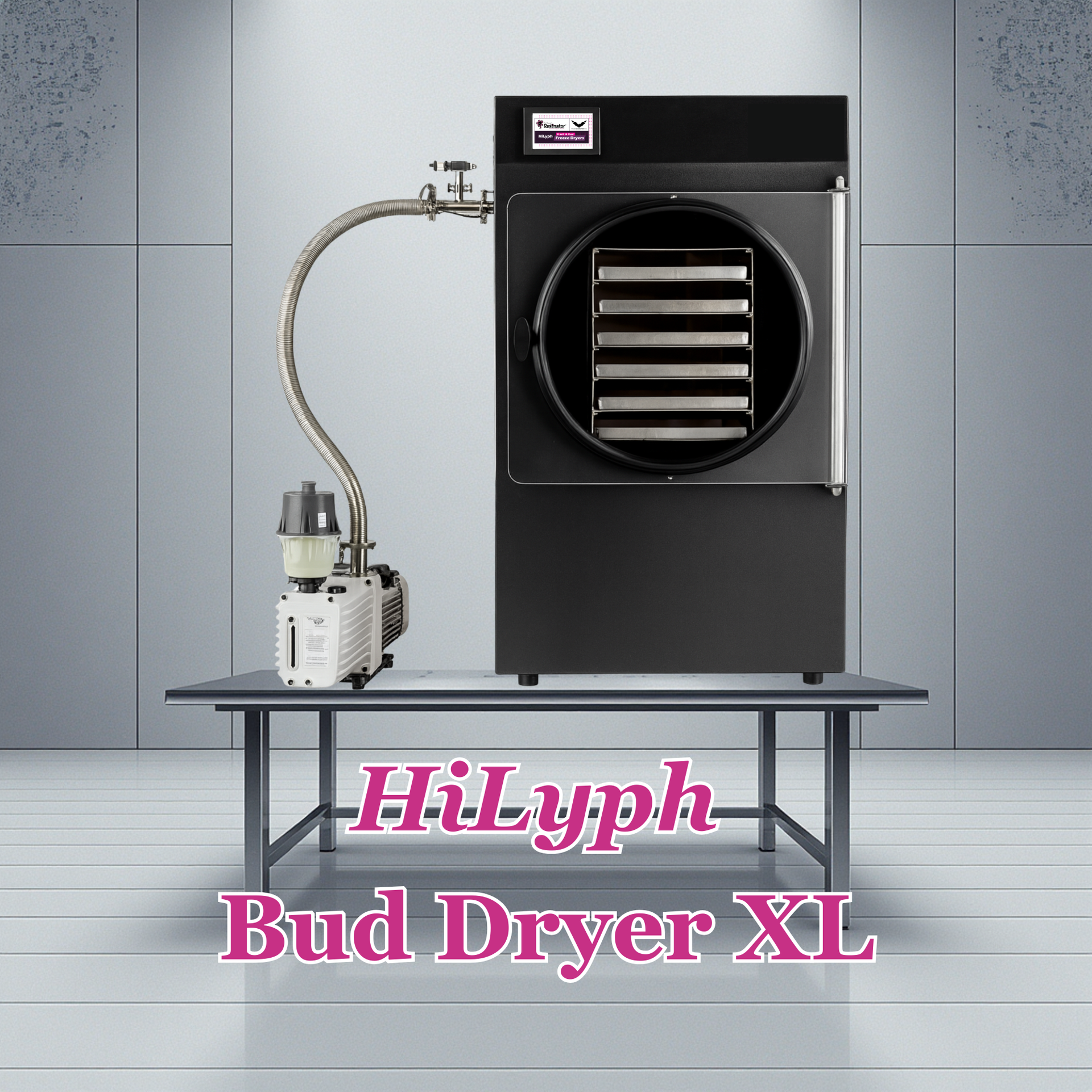 HiLyth Bud Dryer XL black industrial dryer with hose and pump on a table, in a gray room