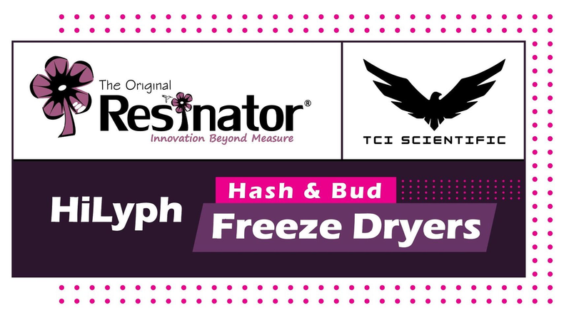A promotional banner for HiLyph Hash & Bud Freeze Dryers, featuring logos for The Original Resinator and TCI Scientific.