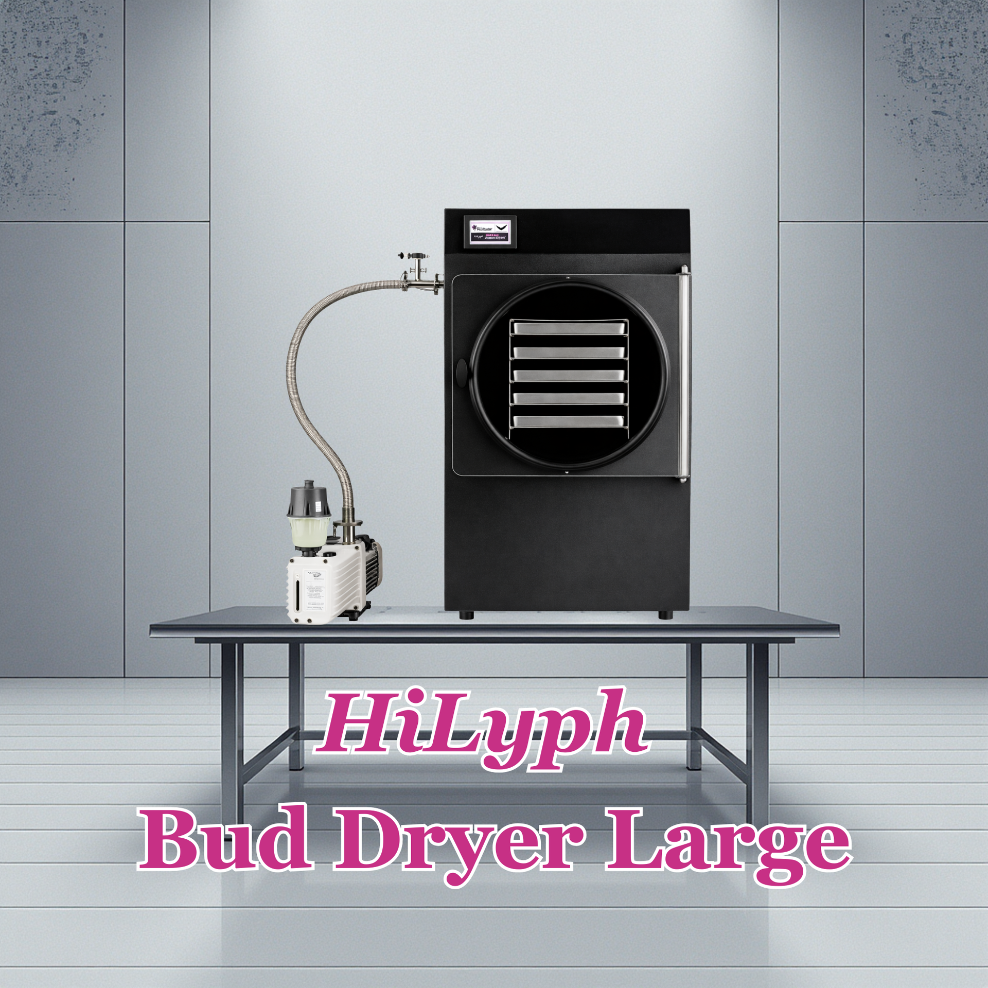 Black bud dryer machine on a table with hose and pump, labeled “HiLyph Bud Dryer Large”