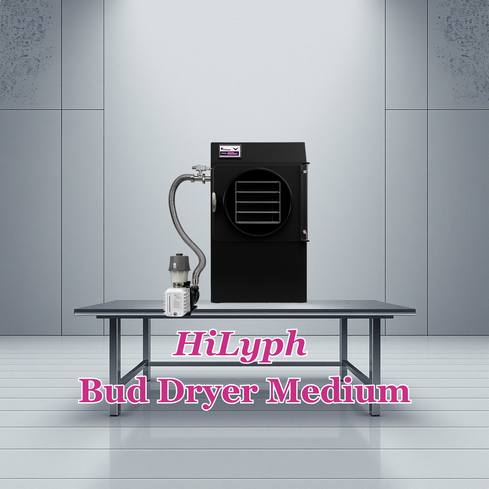 Industrial black bud dryer on a metal table in a gray room, labeled “HiLyph Bud Dryer Medium”