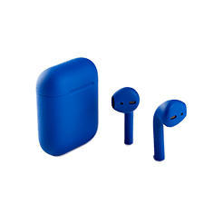 Blue wireless earbuds with matching charging case on a white background