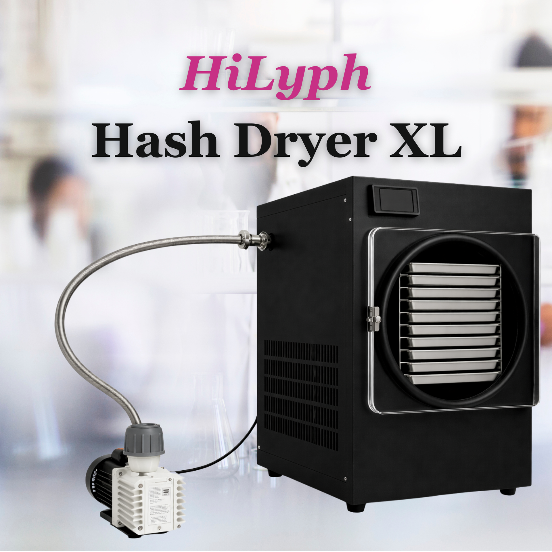 HiLyph Hash Dryer XL, black industrial dryer with metal hose and plug against a blurred background