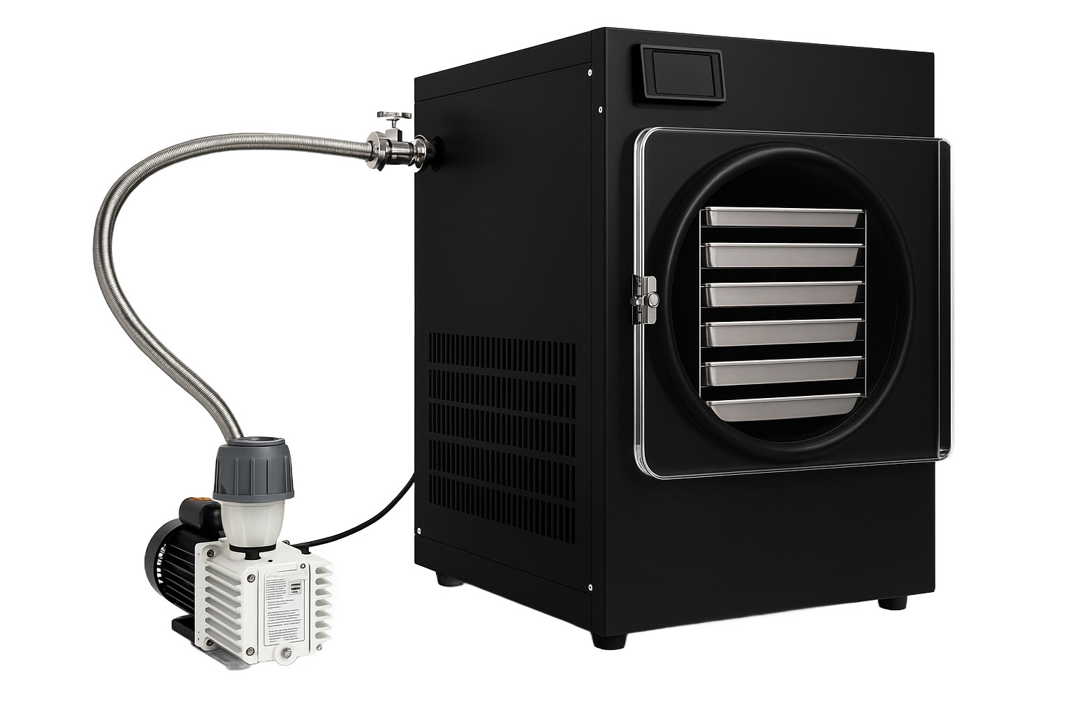 A black countertop freeze dryer unit connected by a metal hose to a small vacuum pump.