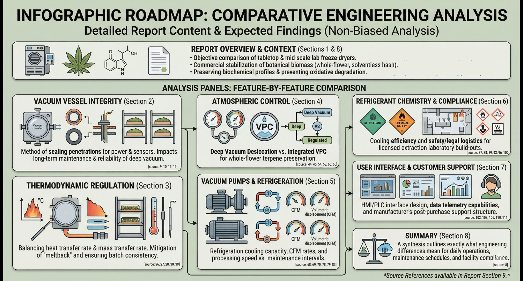 Infographic roadmap for a comparative engineering analysis of cannabis processing equipment, detailing technical sections.