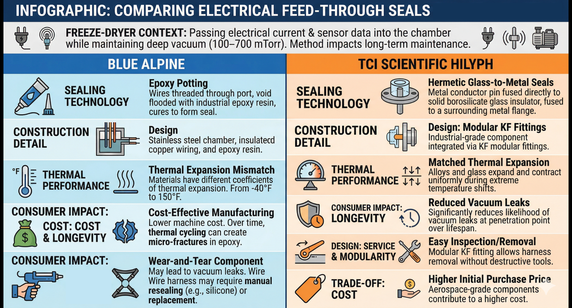 Infographic comparing Blue Alpine epoxy-sealed feed-throughs and TCI Scientific Hilyph glass-to-metal sealed feed-throughs.