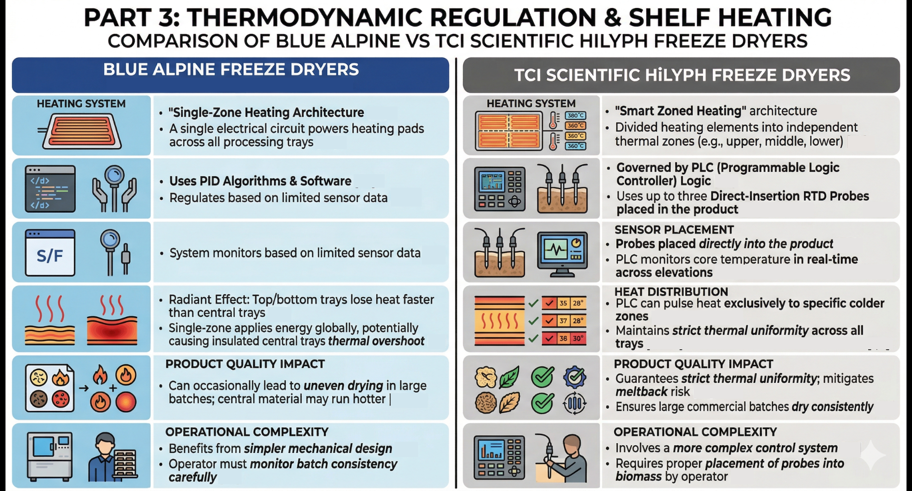 Table showing thermodynamic regulation and shelf heating differences between Blue Alpine and TCI Scientific dryers.