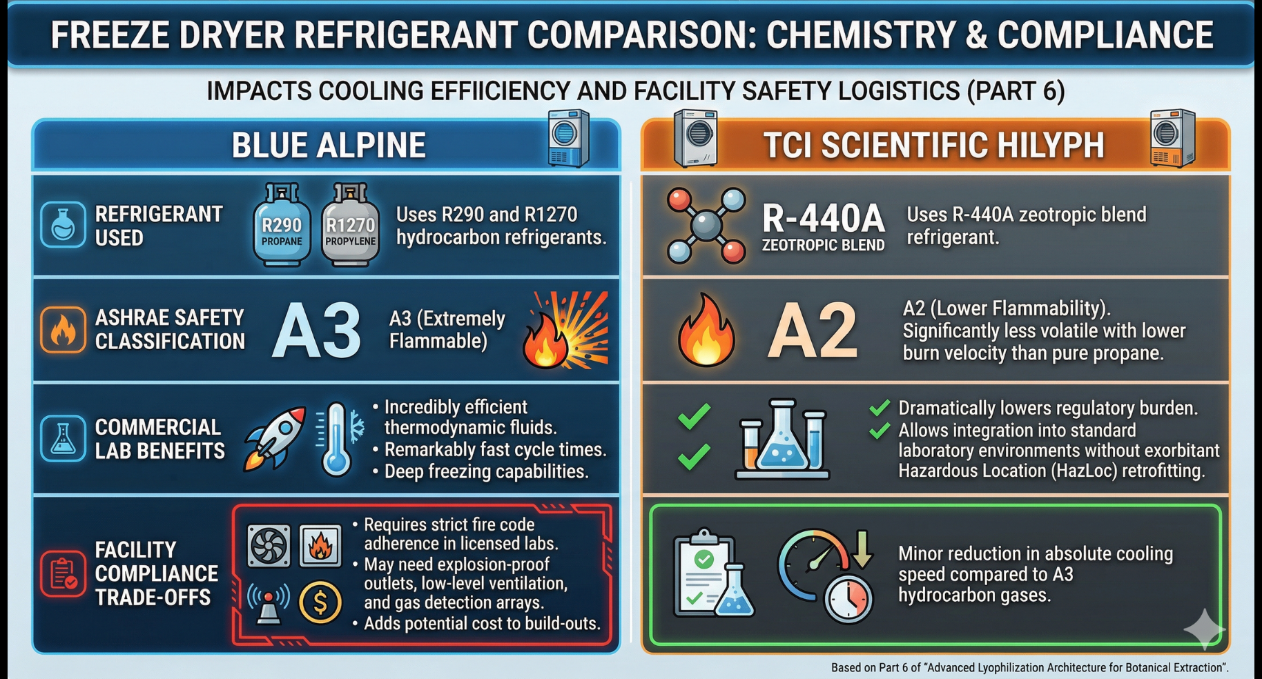 Comparison chart showing Blue Alpine uses A3 flammable refrigerants, while TCI Scientific Hilyph uses A2 refrigerants.