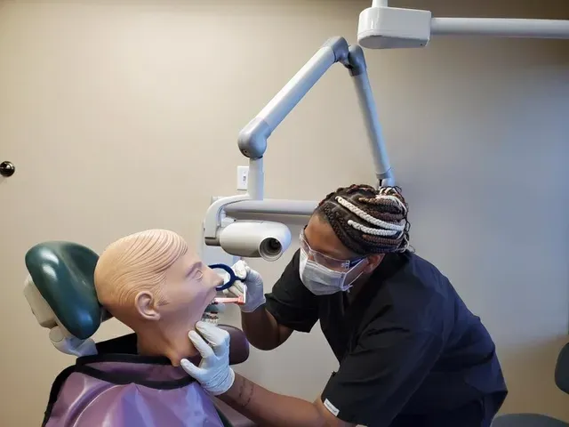 A dentist examines a mannequin in a dental chair