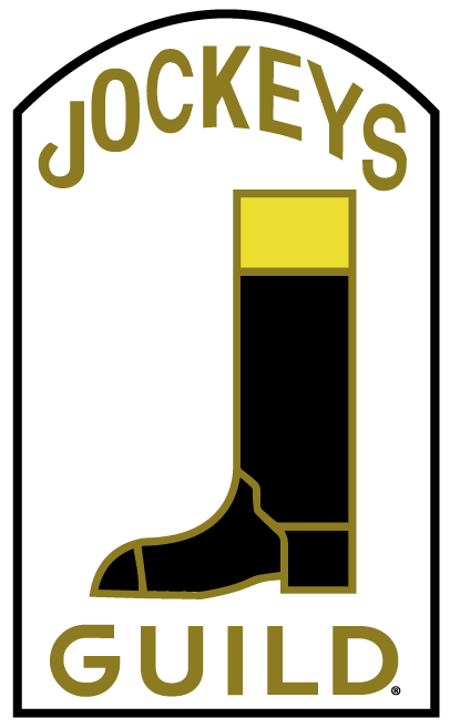 Logo for the Jockeys' Guild featuring a black and yellow tall riding boot centered in a white rectangular frame.