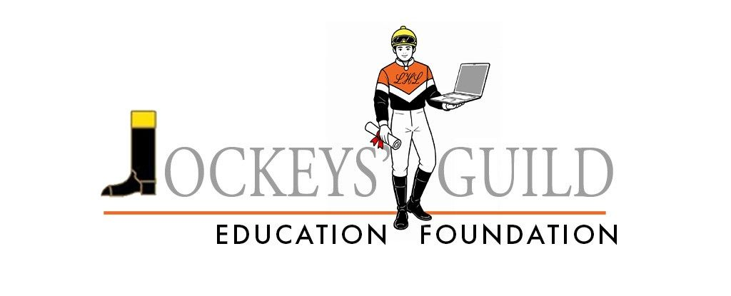 Jockeys Guild Education Foundation logo with jockey illustration and black, orange, and gray text