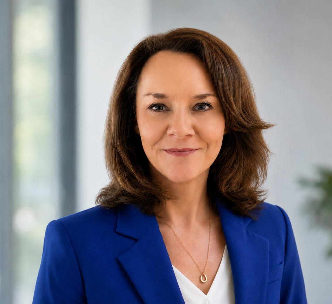 Professional woman in a blue blazer, smiling in a bright office setting