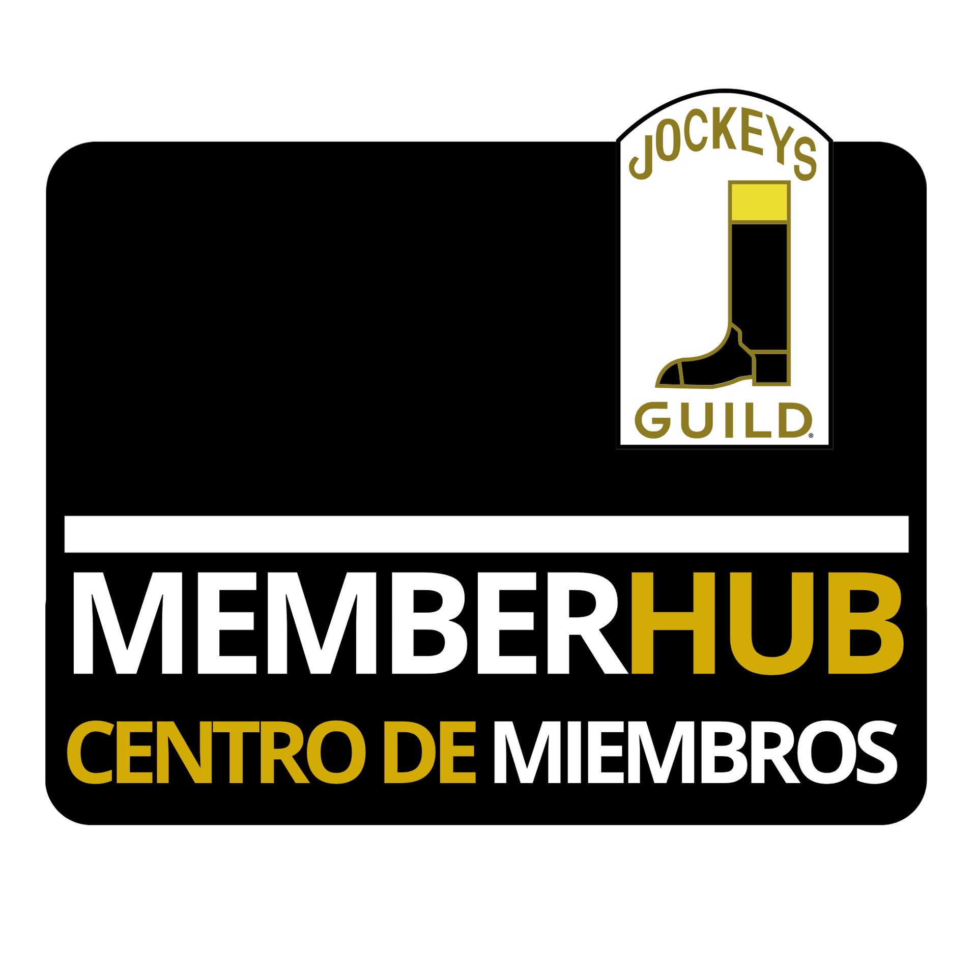 Jockeys Guild MemberHub logo on black background with gold and white text and emblem