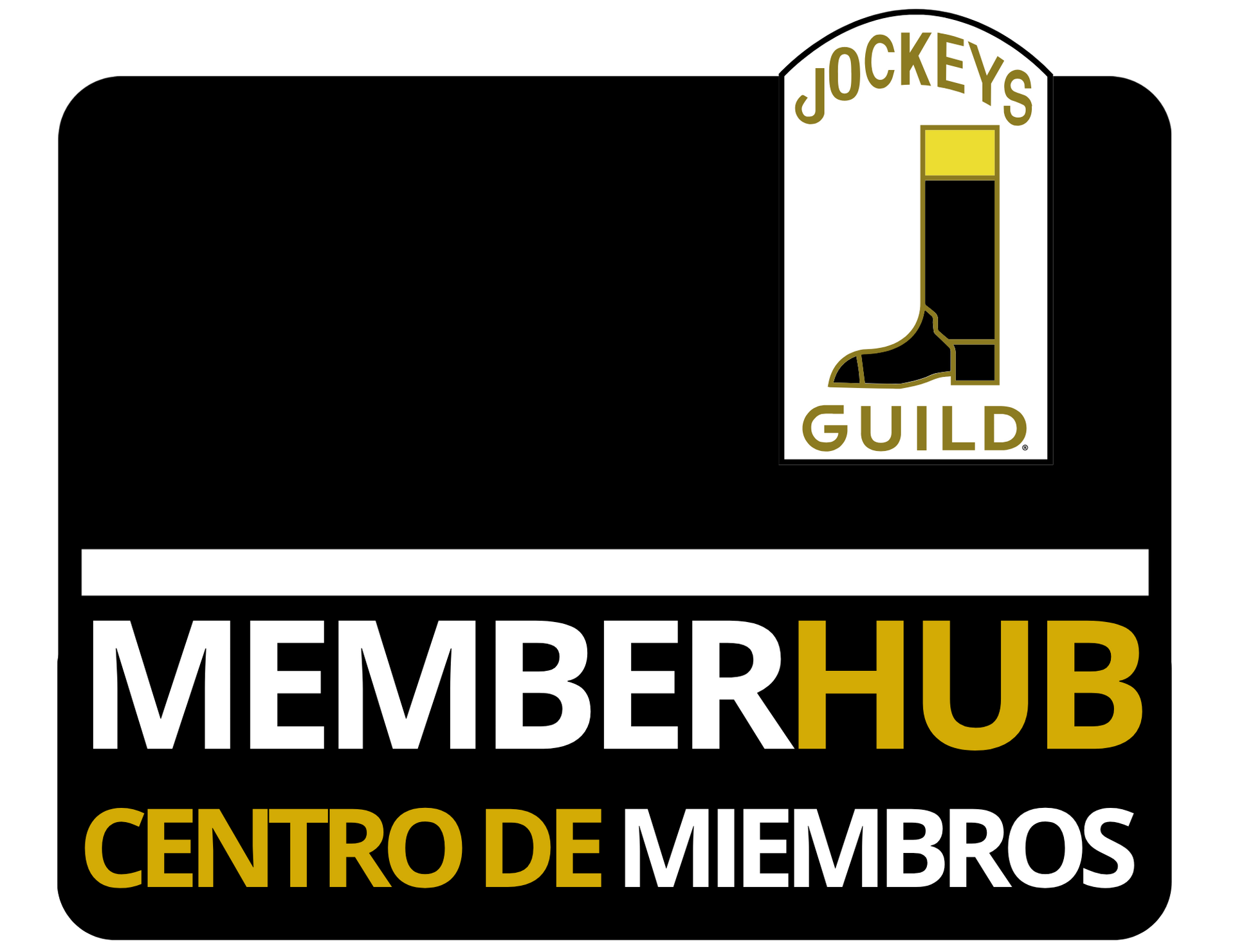 Jockeys Guild MemberHub logo on black background with gold and white text and emblem