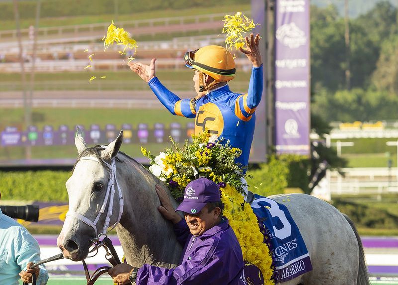 A jockey in a blue uniform waves to a crowd while sitting on a horse wearing a floral garland at a racetrack.