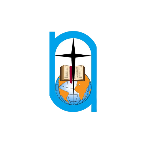Blue logo with a globe, open Bible, and black cross inside a lowercase “d” shape