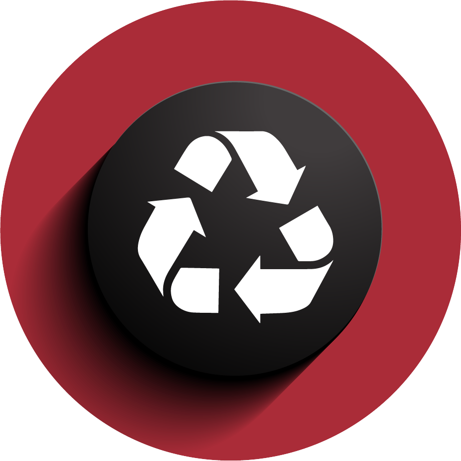A black circle with a white recycling symbol on it