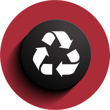 A black circle with a white recycling symbol on it