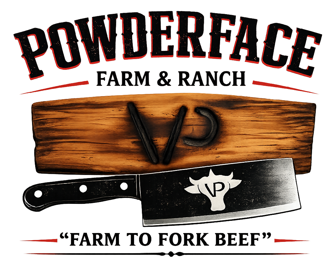 Pouderface Farm & Ranch logo with rustic wood, a cleaver, and “Farm to Fork Beef” text