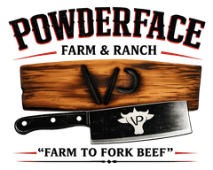 Pouderface Farm & Ranch logo with rustic wood, a cleaver, and “Farm to Fork Beef” text