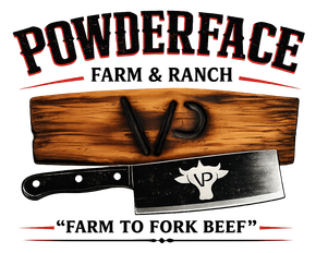 Pouderface Farm & Ranch logo with rustic wood, a cleaver, and “Farm to Fork Beef” text