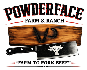 Pouderface Farm & Ranch logo with rustic wood, a cleaver, and “Farm to Fork Beef” text