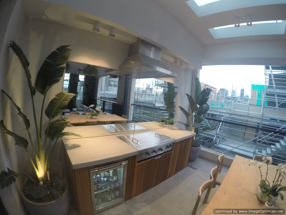 Outdoor kitchen with stainless steel grill, mini-fridge, and potted plants. City view in background.