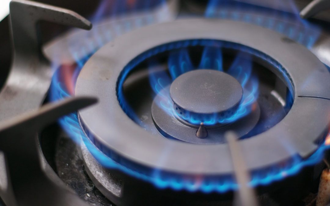 Close-up of a blue gas stove burner with flames burning.