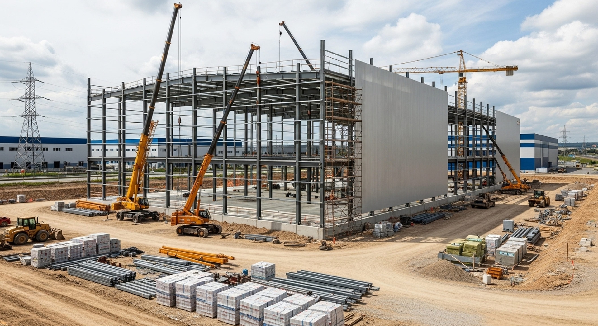 Construction site with steel frame, cranes, and workers beside a large white industrial building panel