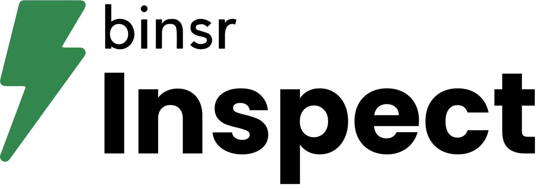 Binsr Inspect logo with green lightning bolt and black text on white background