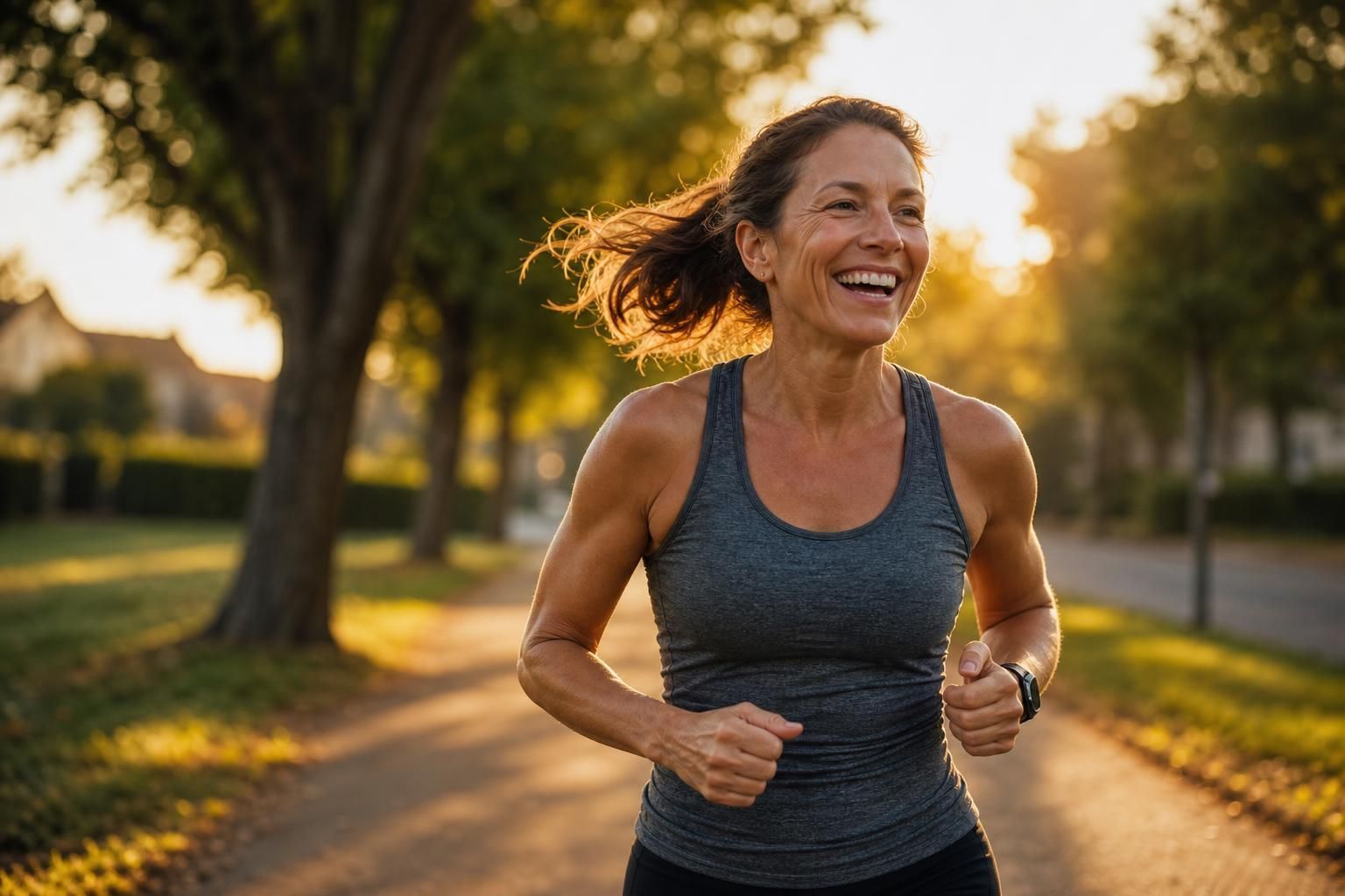 Woman running outdoors at sunset