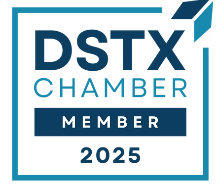 DSTX Chamber Member 2025 logo in blue, teal, and white with a border and arrow icon